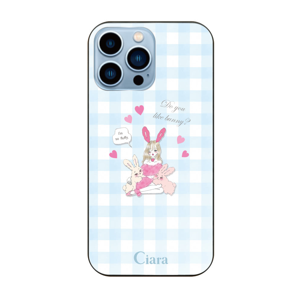 iPhone13ProMaxケース ガラス 強化ガラスケース バニーガール ブルーチェック