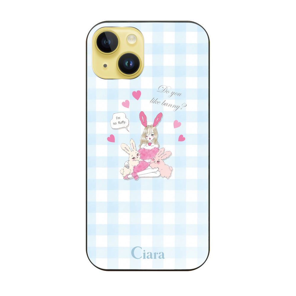 iPhone14Plusケース ガラス 強化ガラスケース バニーガール ブルーチェック