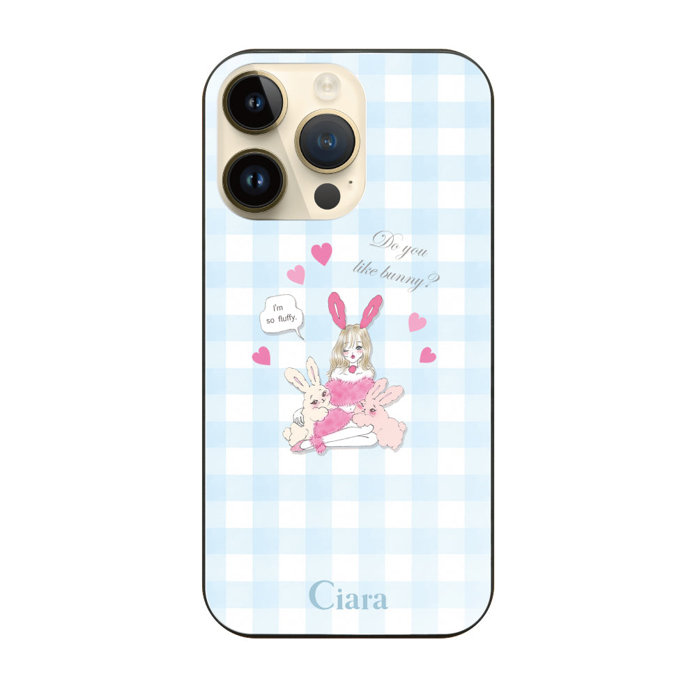 iPhone14Proケース ガラス 強化ガラスケース バニーガール ブルーチェック