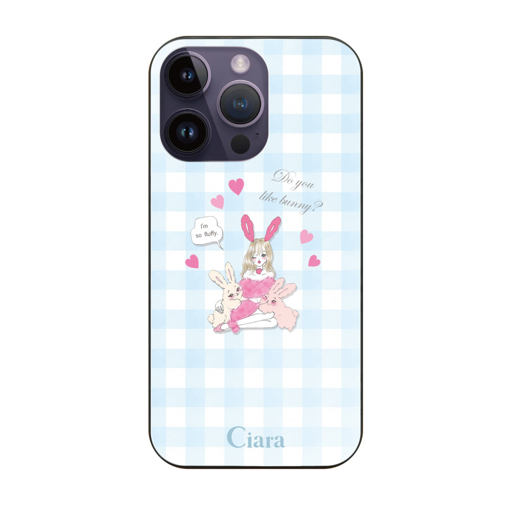 iPhone14ProMaxケース ガラス 強化ガラスケース バニーガール ブルーチェック