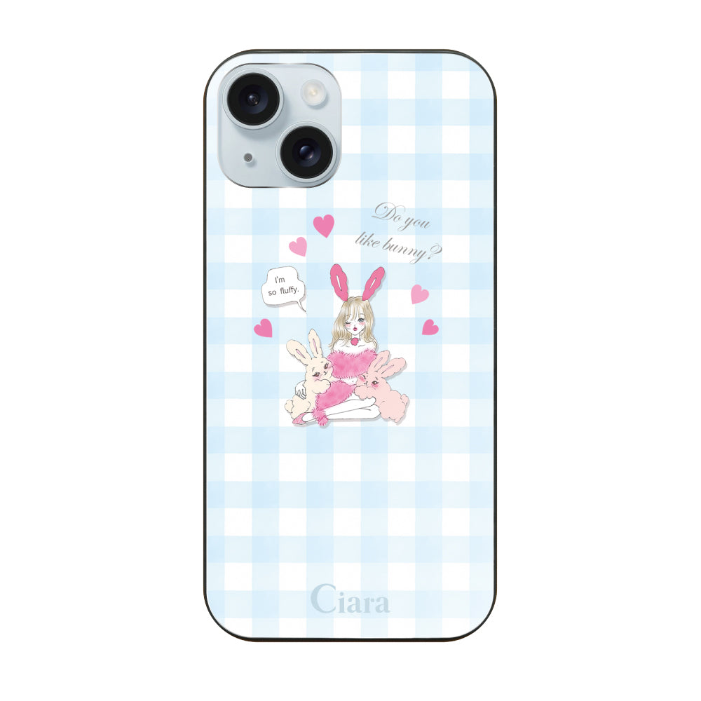 iPhone15Plusケース ガラス 強化ガラスケース バニーガール ブルーチェック