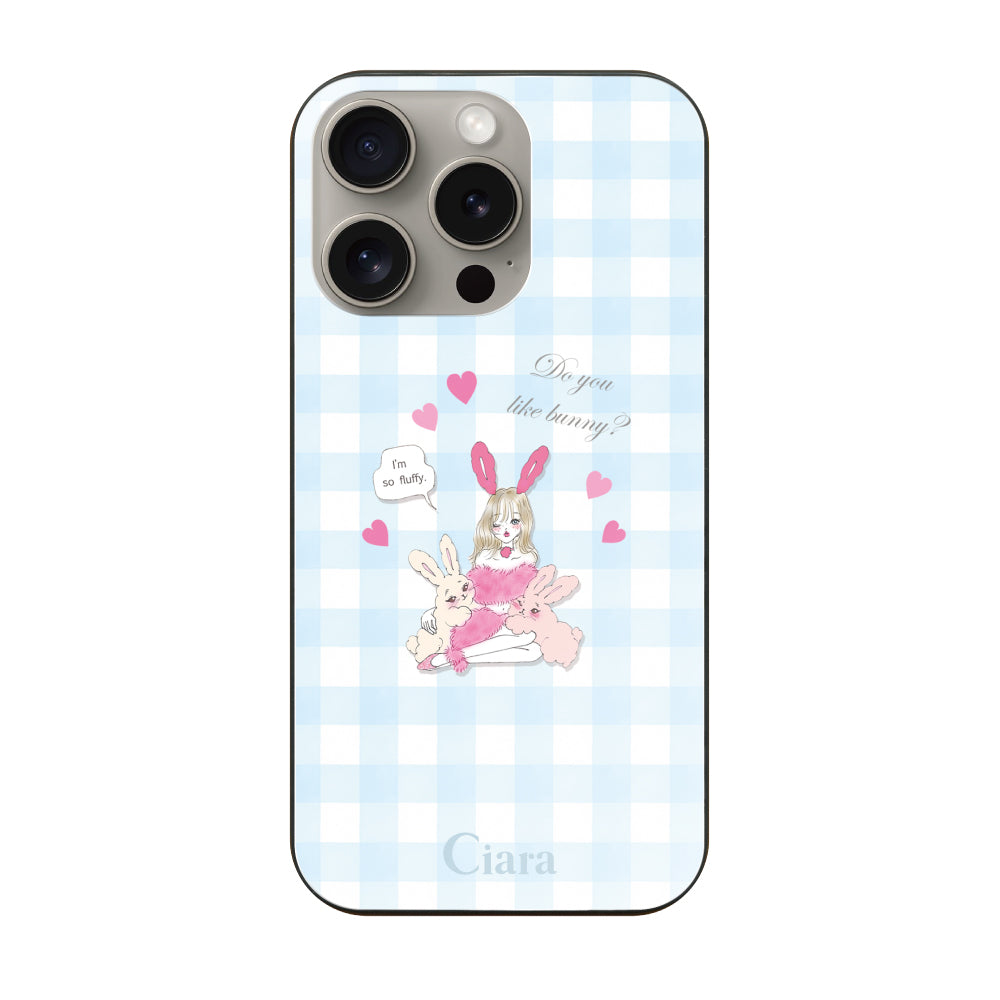 iPhone15Proケース ガラス 強化ガラスケース バニーガール ブルーチェック