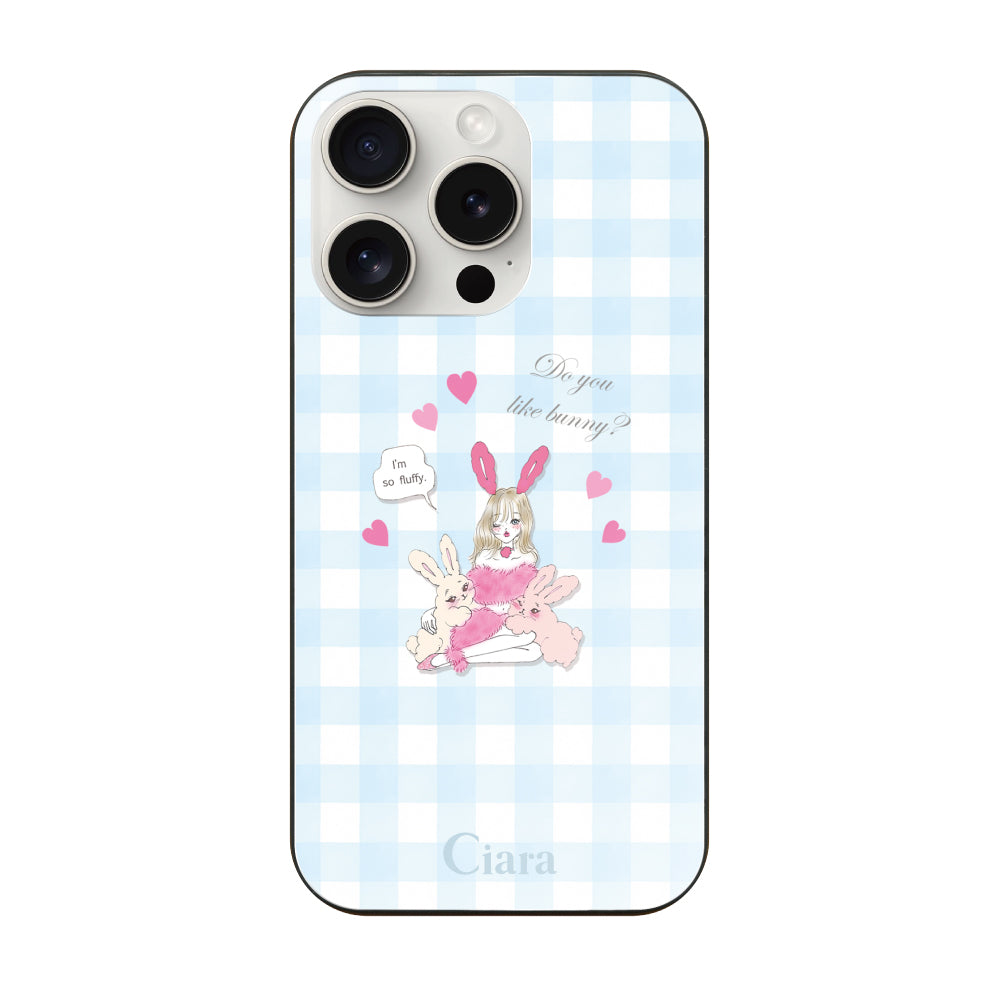 iPhone15ProMaxケース ガラス 強化ガラスケース バニーガール ブルーチェック