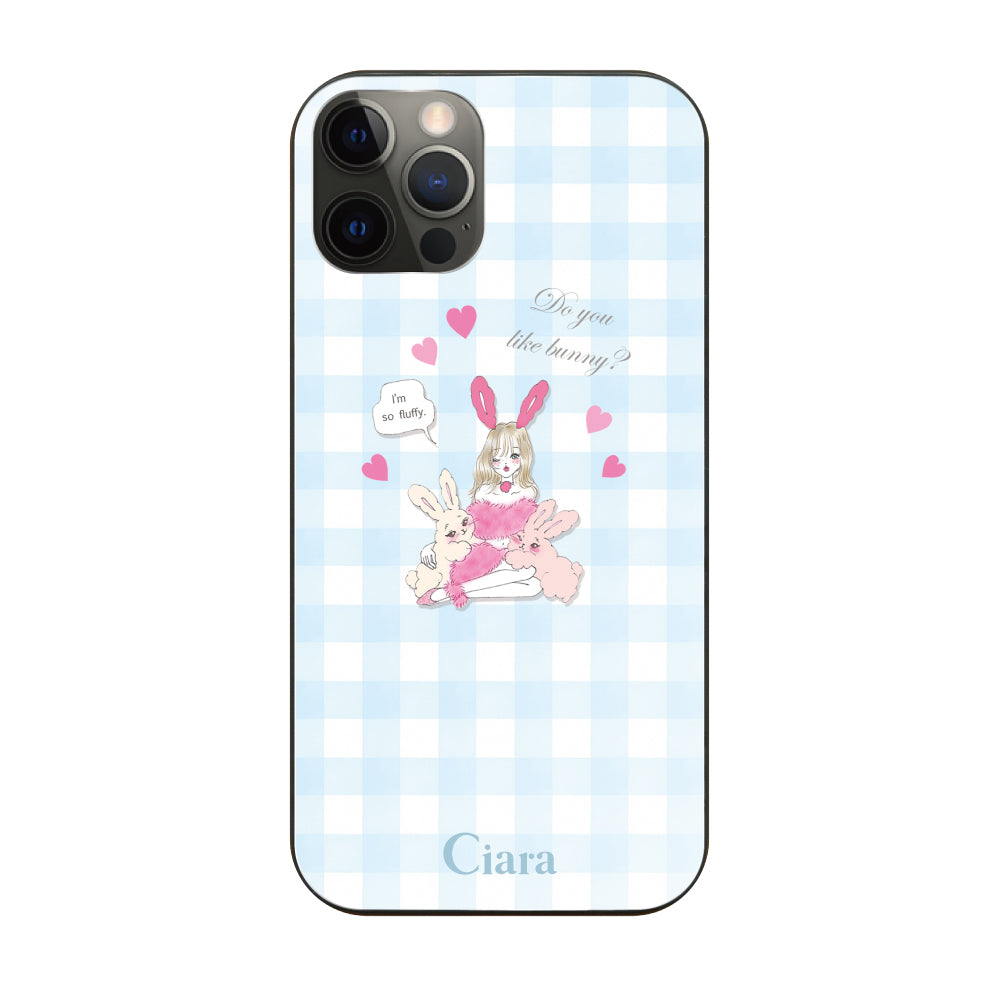 iPhoneX/XSケース ガラス 強化ガラスケース バニーガール ブルーチェック