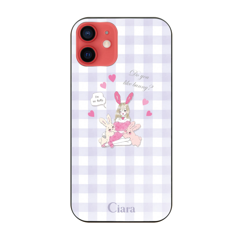 iPhone11ケース ガラス 強化ガラスケース バニーガール パープルチェック