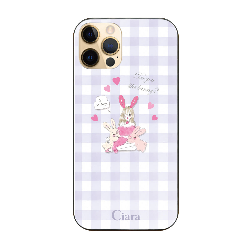 iPhone11Proケース ガラス 強化ガラスケース バニーガール パープルチェック