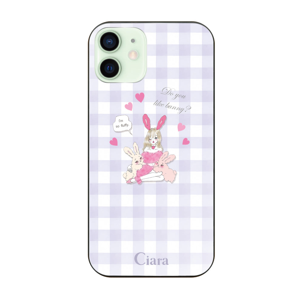 iPhone12miniケース ガラス 強化ガラスケース バニーガール パープルチェック