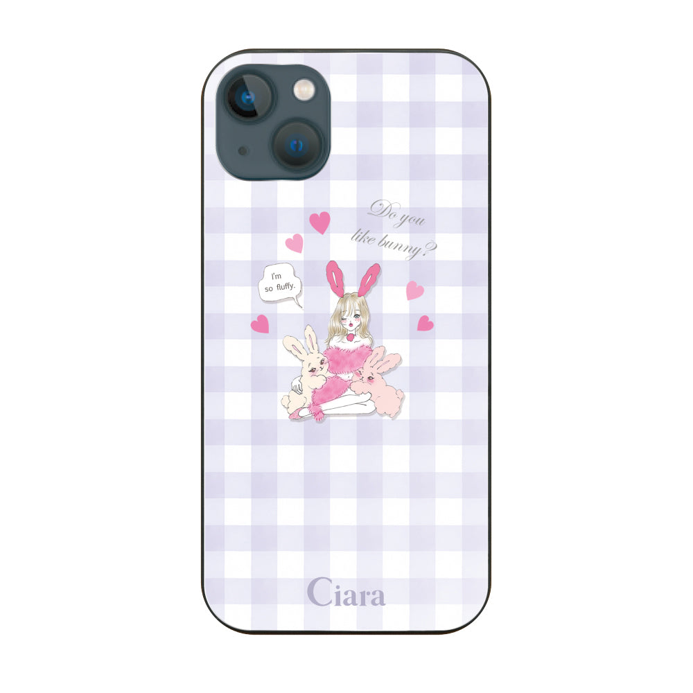 iPhone13miniケース ガラス 強化ガラスケース バニーガール パープルチェック
