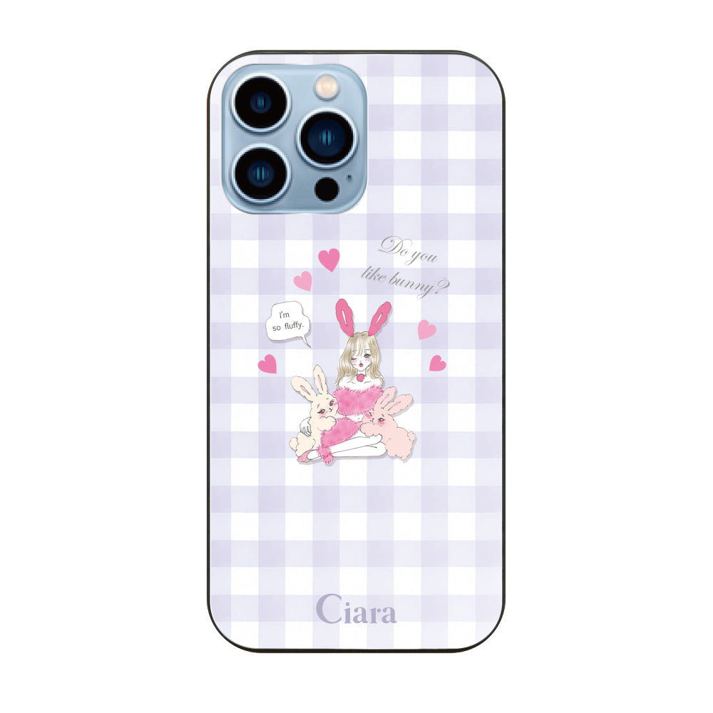 iPhone13ProMaxケース ガラス 強化ガラスケース バニーガール パープルチェック