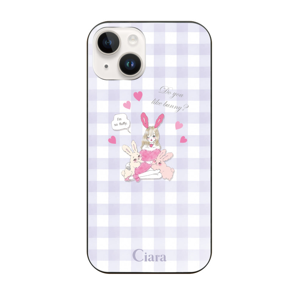 iPhone14ケース ガラス 強化ガラスケース バニーガール パープルチェック