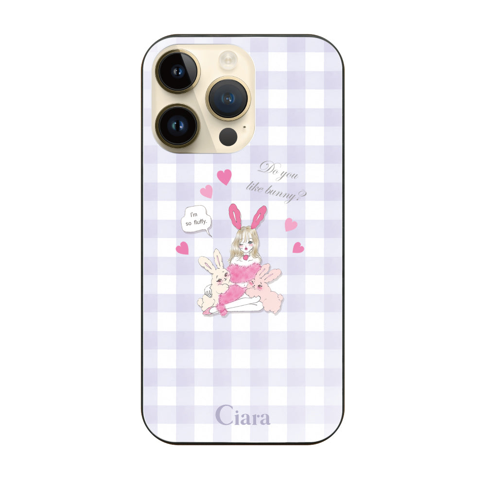 iPhone14Proケース ガラス 強化ガラスケース バニーガール パープルチェック