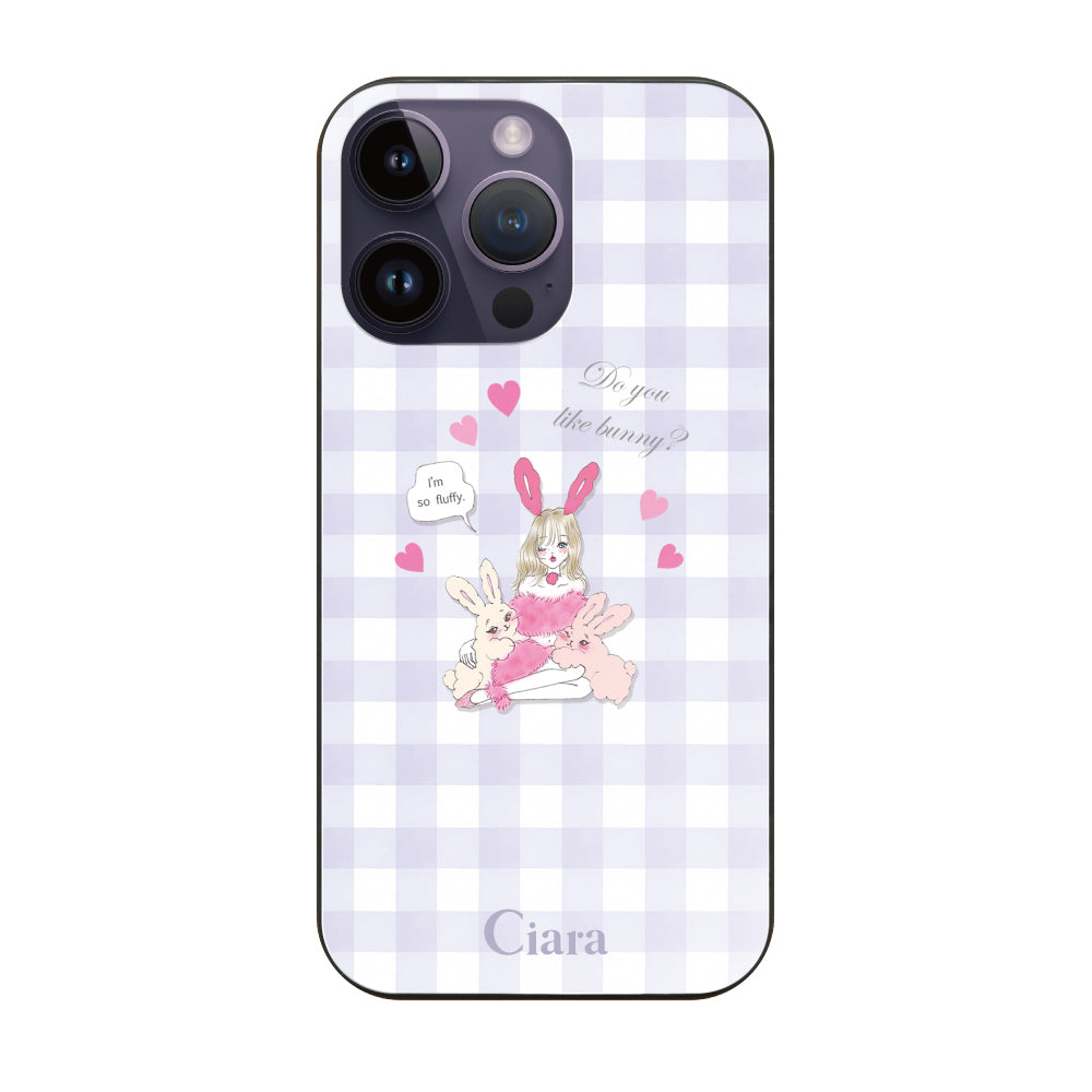 iPhone14ProMaxケース ガラス 強化ガラスケース バニーガール パープルチェック