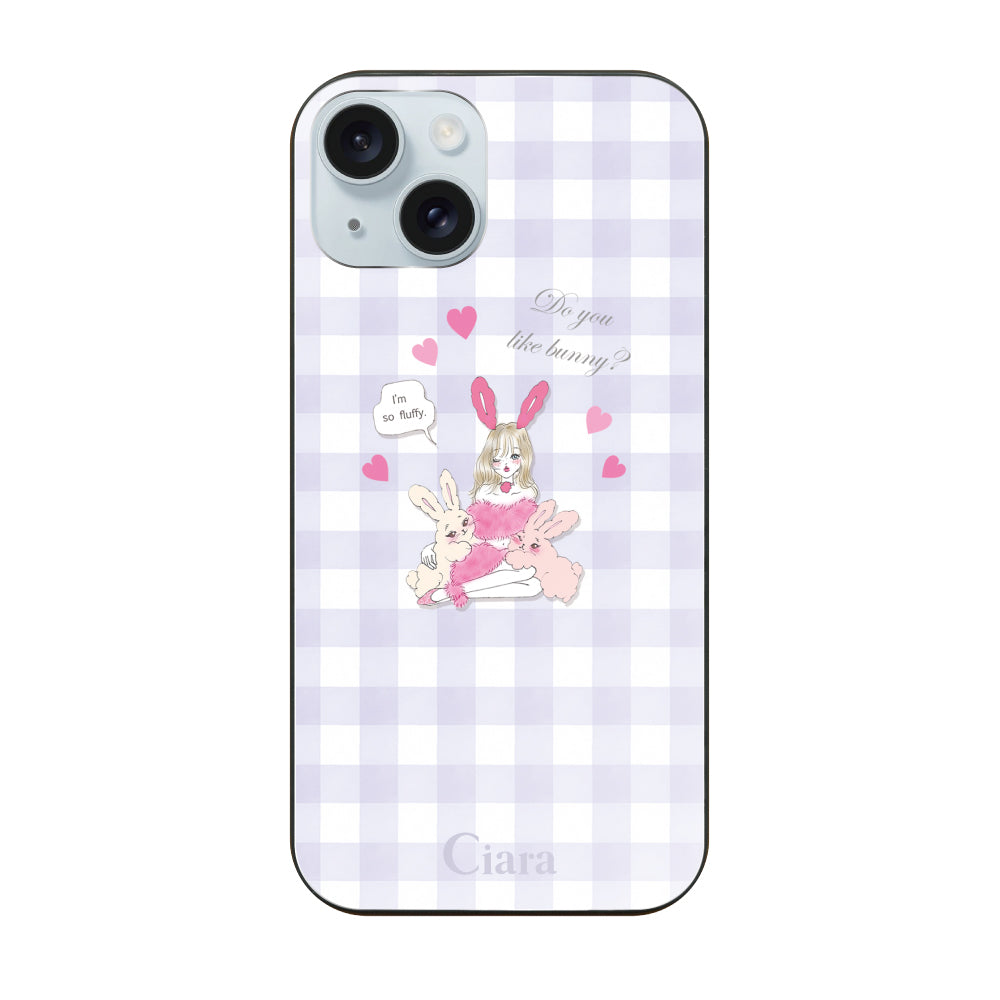 iPhone15Plusケース ガラス 強化ガラスケース バニーガール パープルチェック