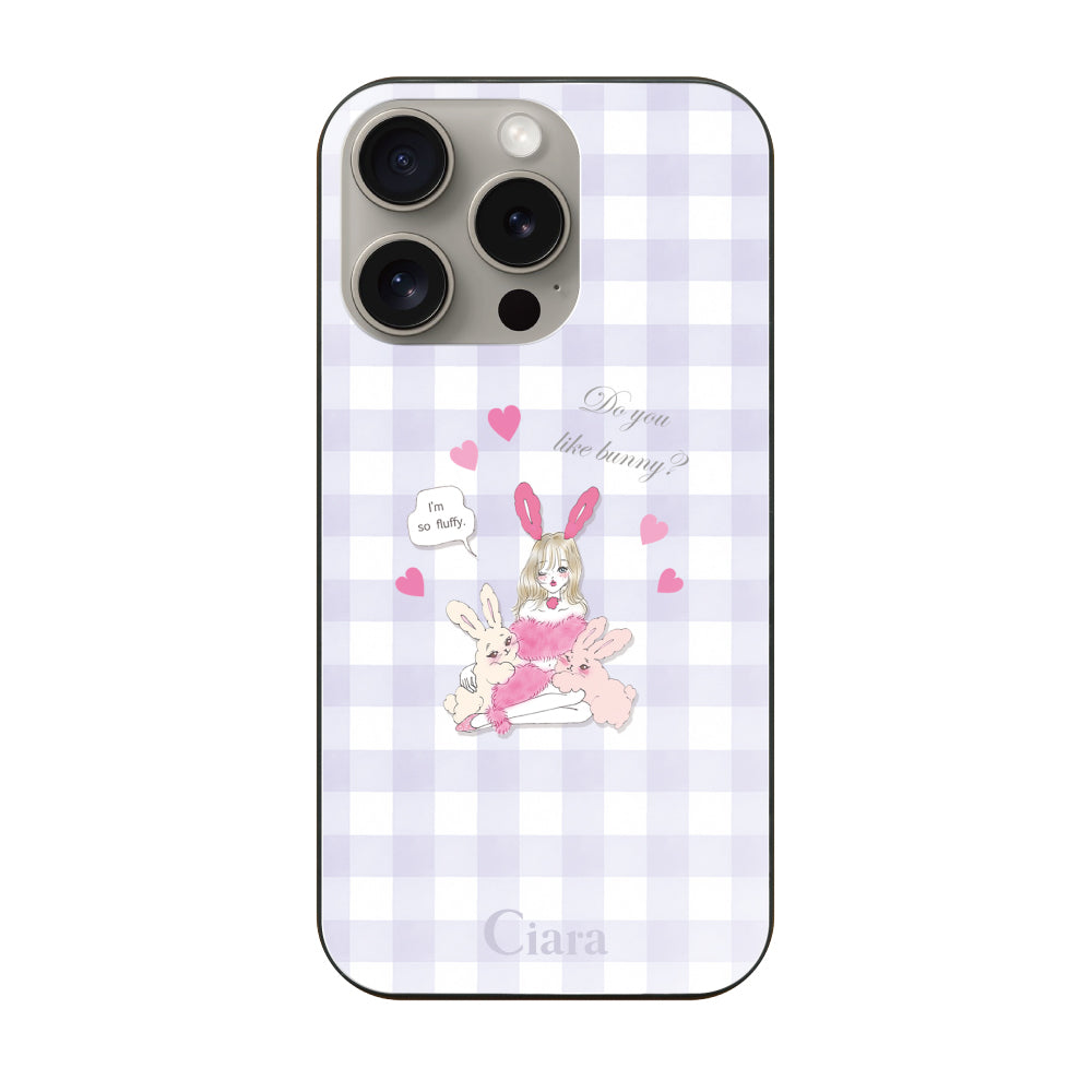 iPhone15Proケース ガラス 強化ガラスケース バニーガール パープルチェック