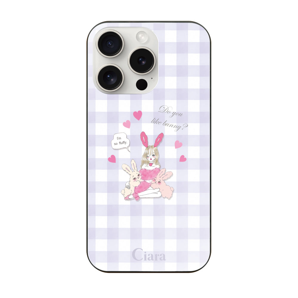 iPhone15ProMaxケース ガラス 強化ガラスケース バニーガール パープルチェック