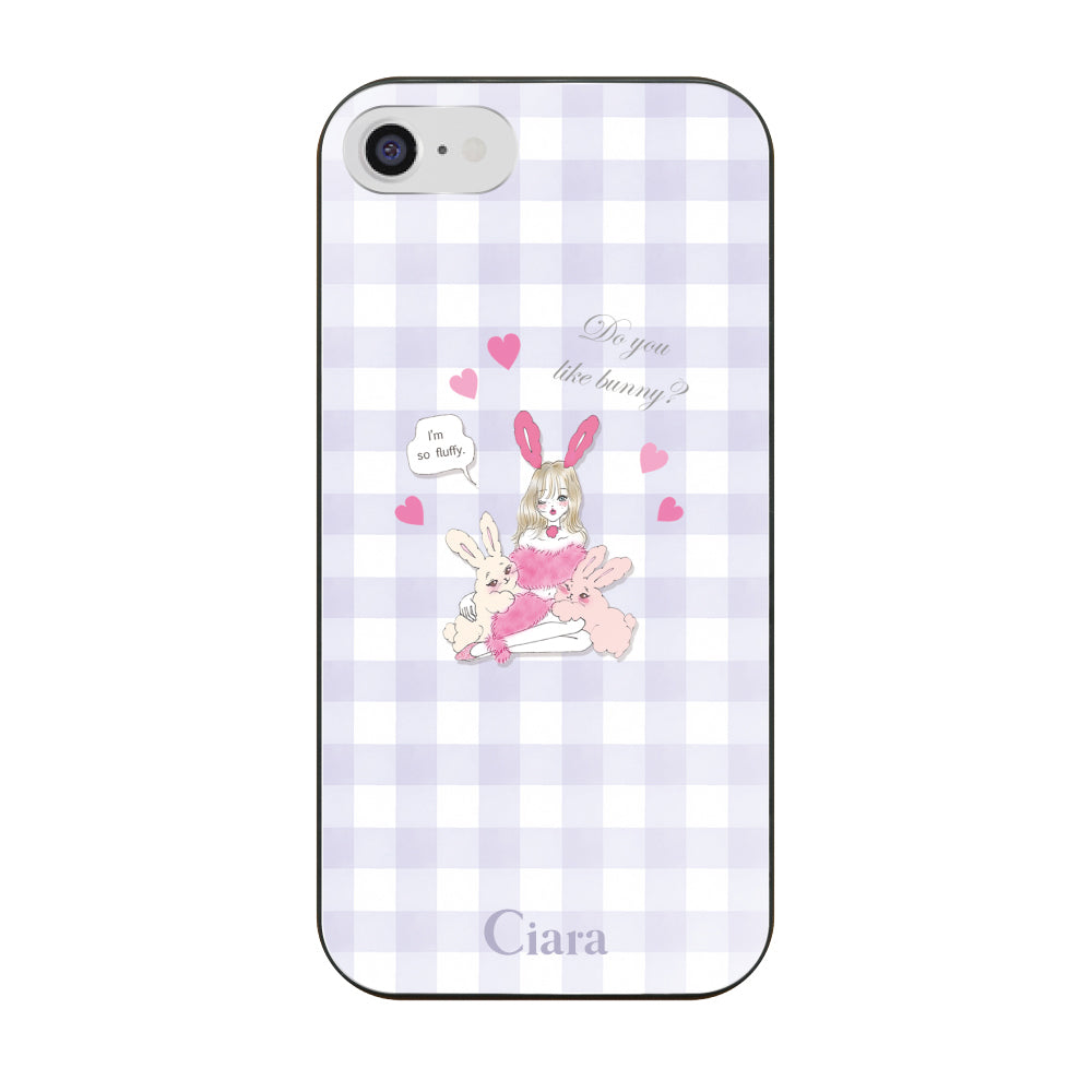 iPhone7/8/SE2/SE3ケース ガラス 強化ガラスケース バニーガール パープルチェック