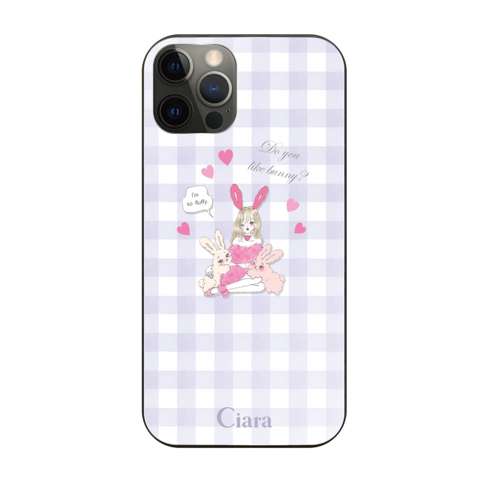 iPhoneX/XSケース ガラス 強化ガラスケース バニーガール パープルチェック