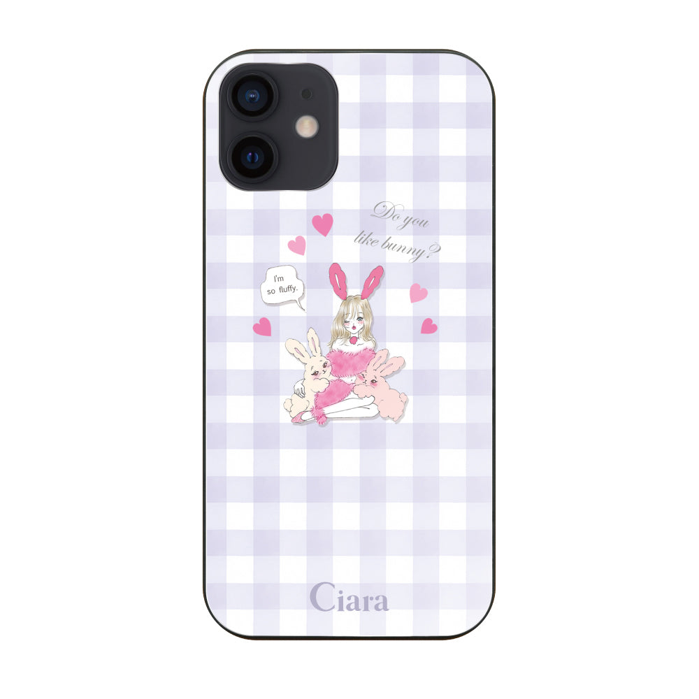 iPhoneXRケース ガラス 強化ガラスケース バニーガール パープルチェック