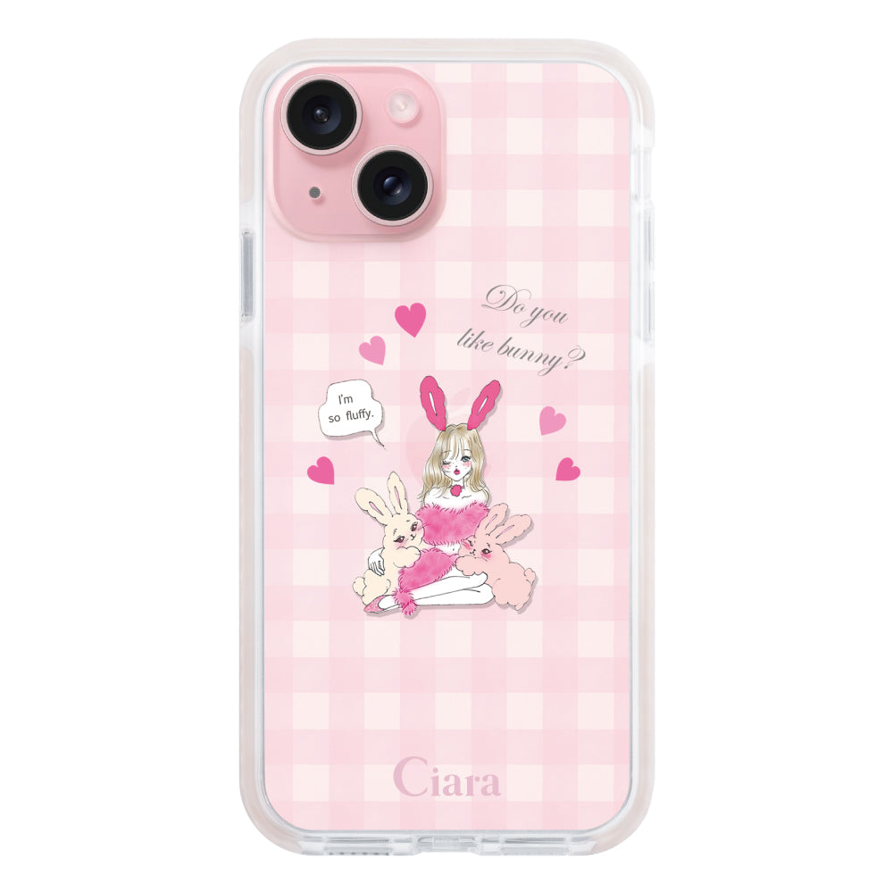 iPhone15ケース クッションバンパー 耐衝撃クリアケース バニーガール ピンク