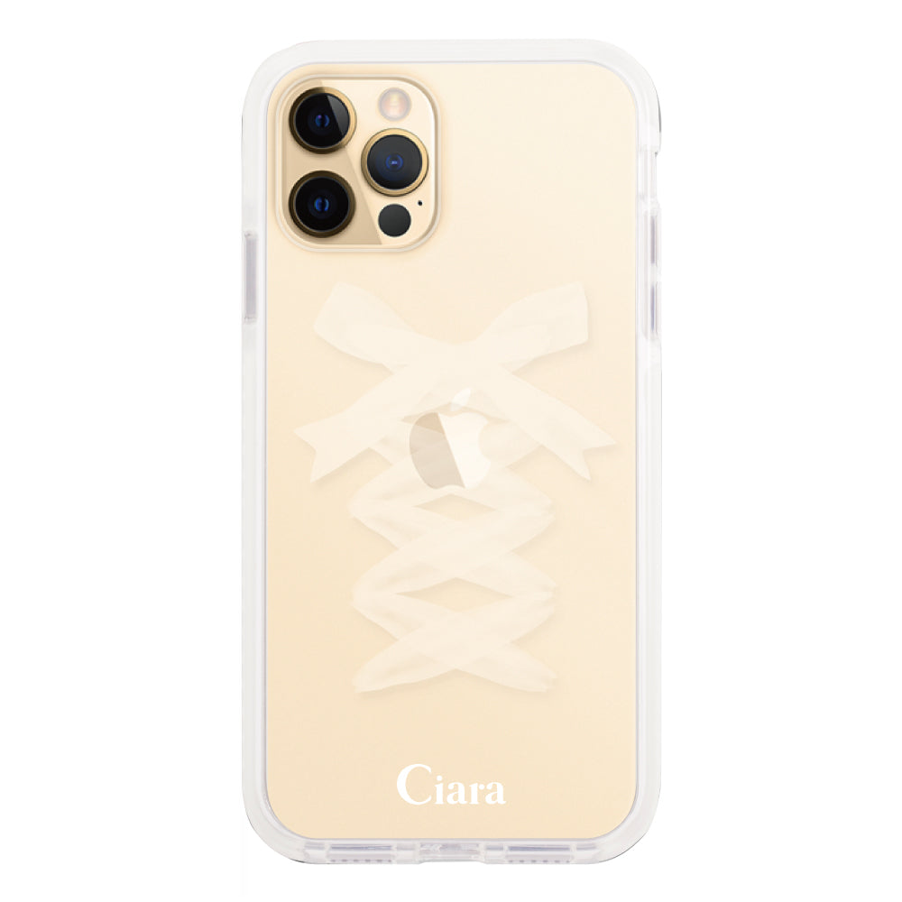 iPhone11ProMaxケース クッションバンパー 耐衝撃クリアケース レースアップリボン ホワイト
