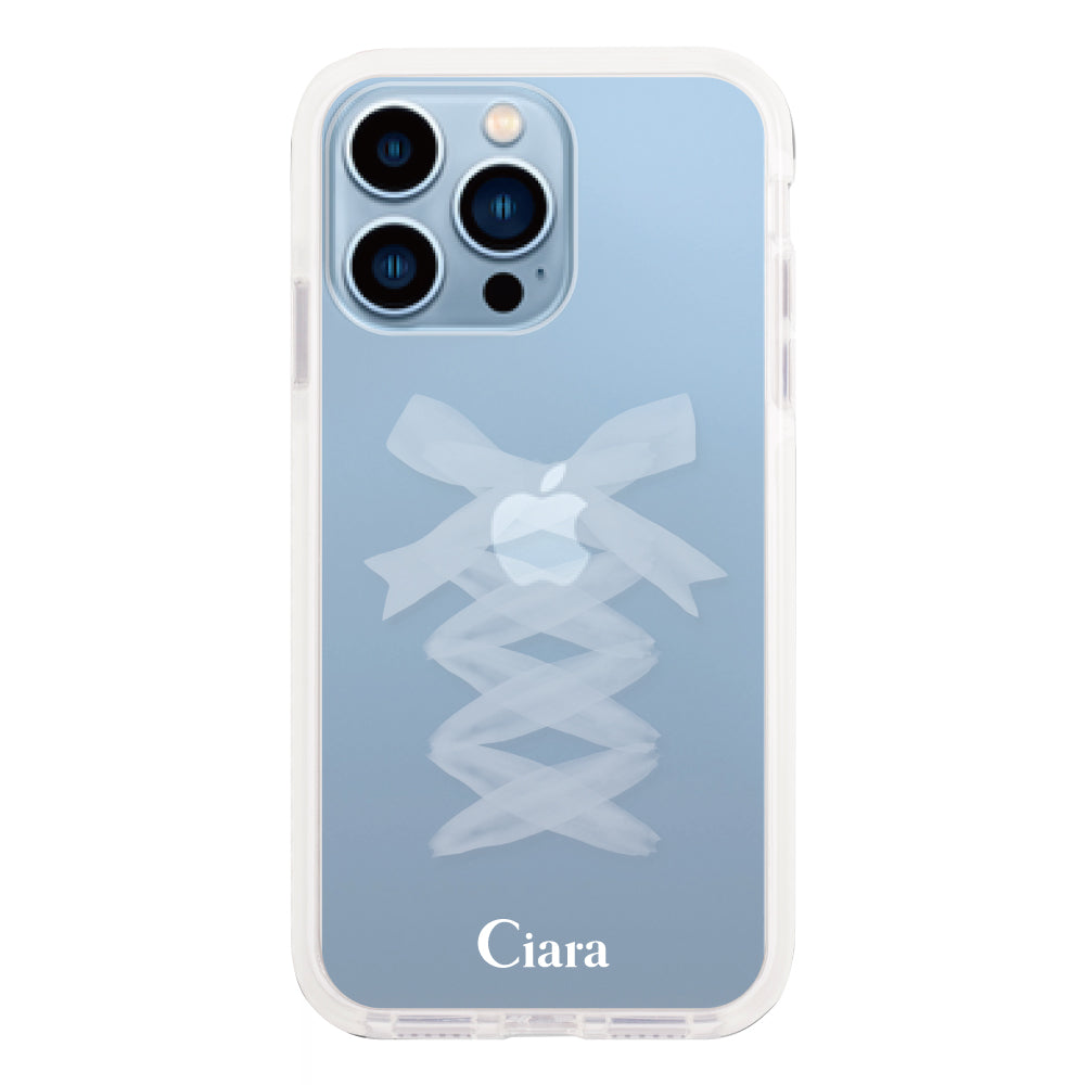 iPhone13ProMaxケース クッションバンパー 耐衝撃クリアケース レースアップリボン ホワイト