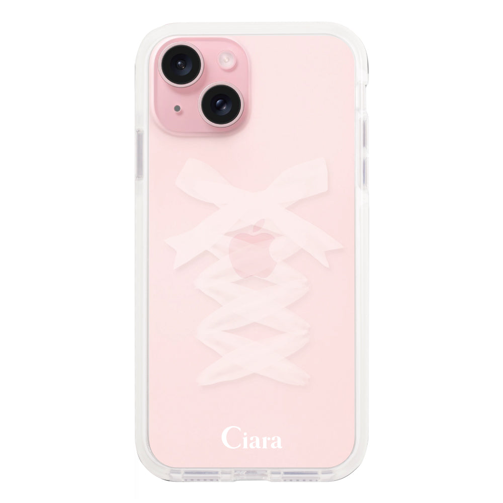 iPhone15ケース クッションバンパー 耐衝撃クリアケース レースアップリボン ホワイト