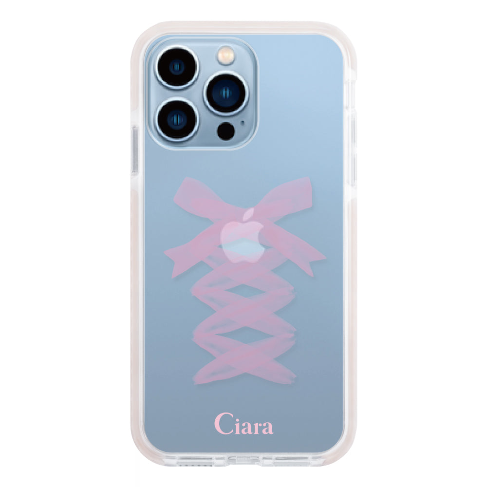 iPhone13ProMaxケース クッションバンパー 耐衝撃クリアケース レースアップリボン ピンク