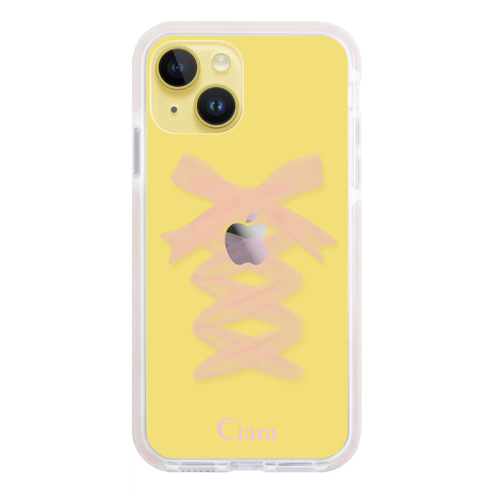 iPhone14Plusケース クッションバンパー 耐衝撃クリアケース レースアップリボン ピンク