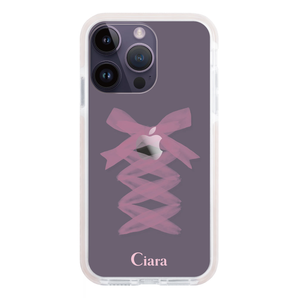 iPhone14ProMaxケース クッションバンパー 耐衝撃クリアケース レースアップリボン ピンク