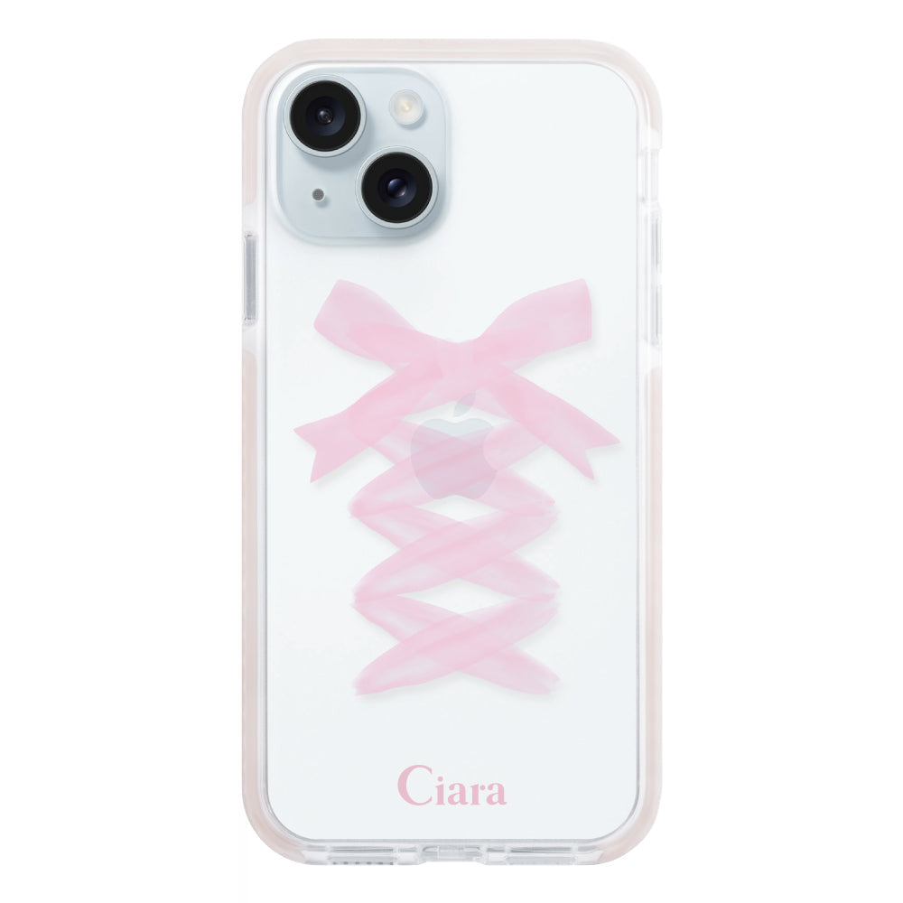 iPhone15Plusケース クッションバンパー 耐衝撃クリアケース レースアップリボン ピンク