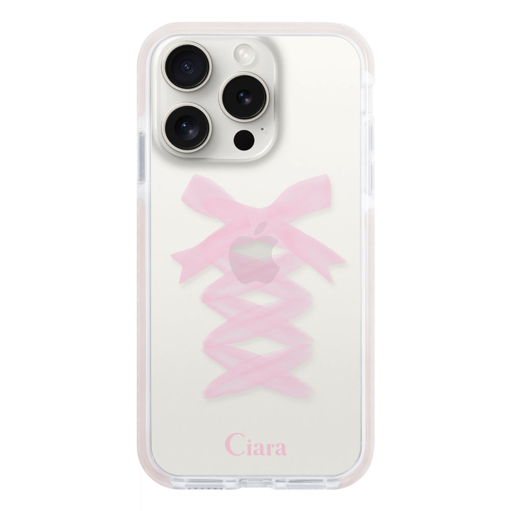 iPhone15ProMaxケース クッションバンパー 耐衝撃クリアケース レースアップリボン ピンク