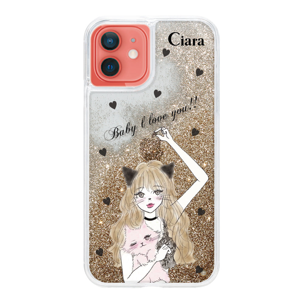 iPhone11 グリッター オイルクリアケース ブラックキャットガール ゴールド