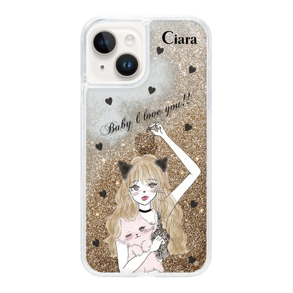 iPhone14 グリッター オイルクリアケース ブラックキャットガール ゴールド