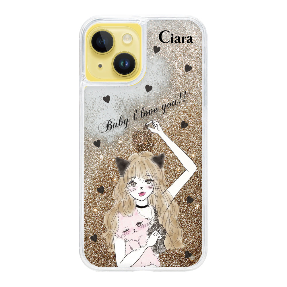 iPhone14Plus グリッター オイルクリアケース ブラックキャットガール ゴールド