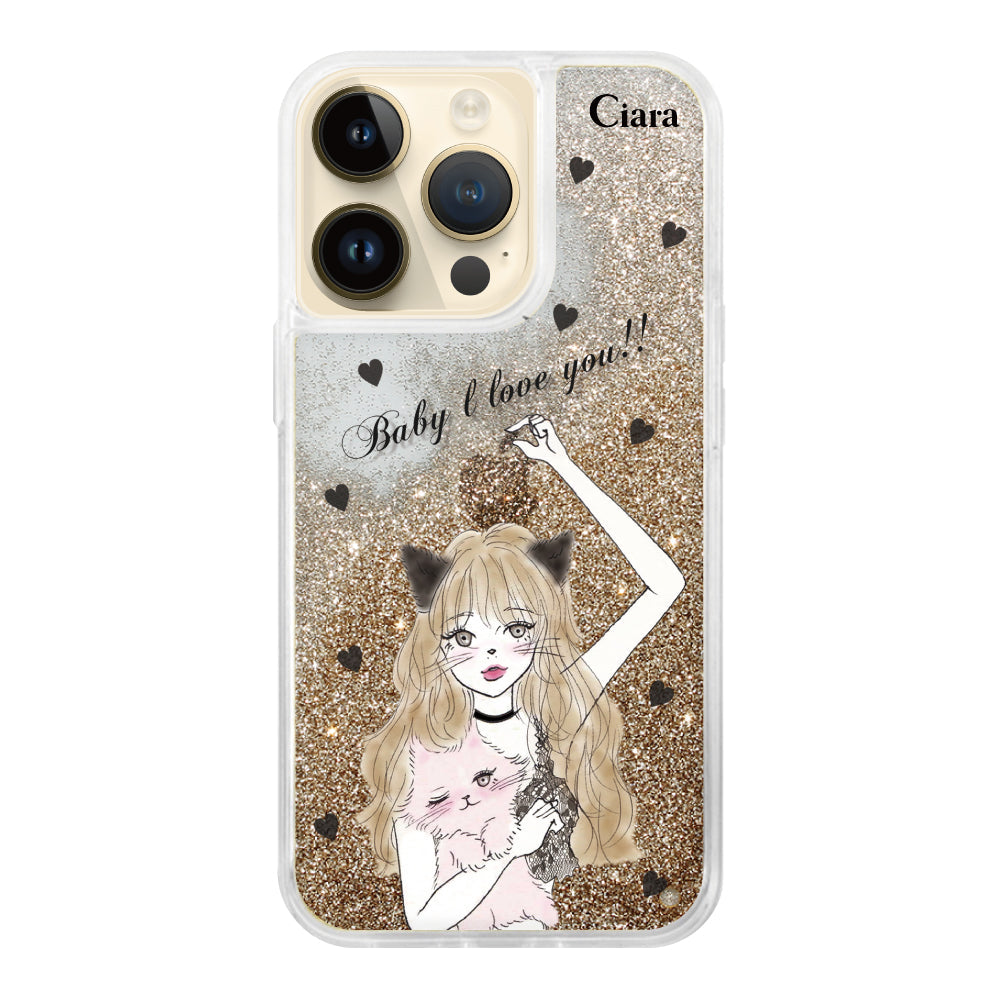 iPhone14Pro グリッター オイルクリアケース ブラックキャットガール ゴールド
