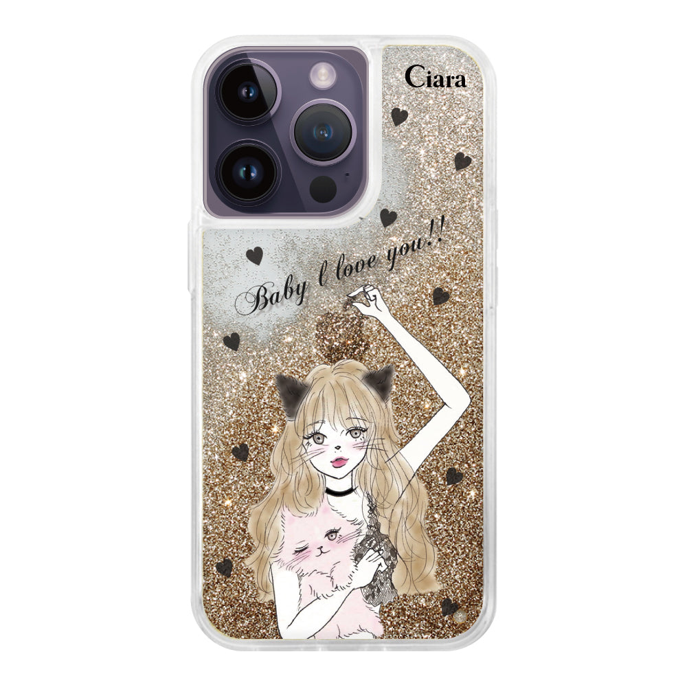 iPhone14ProMax グリッター オイルクリアケース ブラックキャットガール ゴールド