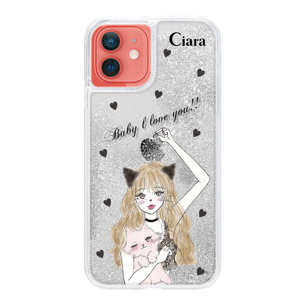 iPhone11 グリッター オイルクリアケース ブラックキャットガール シルバー