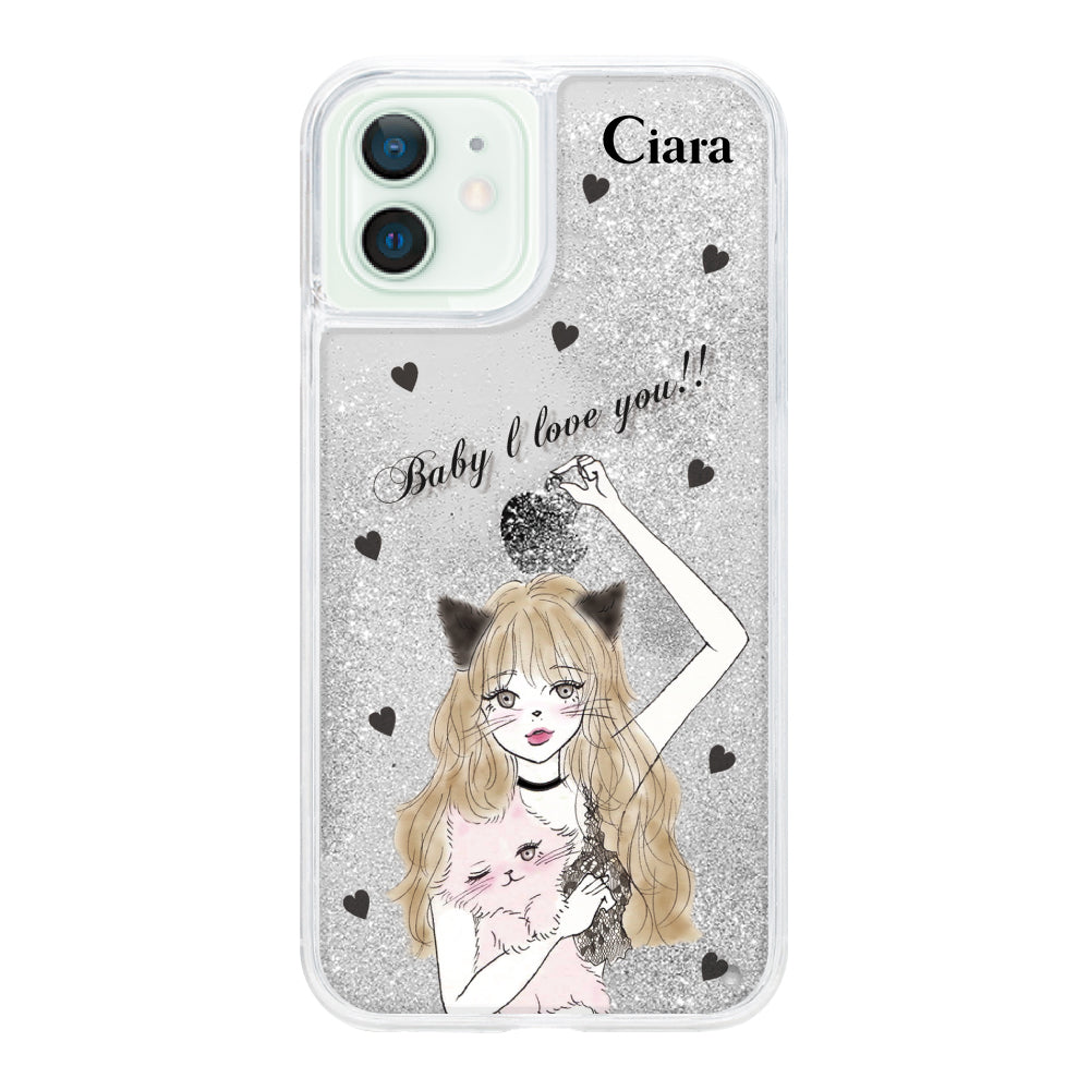 iPhone12mini グリッター オイルクリアケース ブラックキャットガール シルバー
