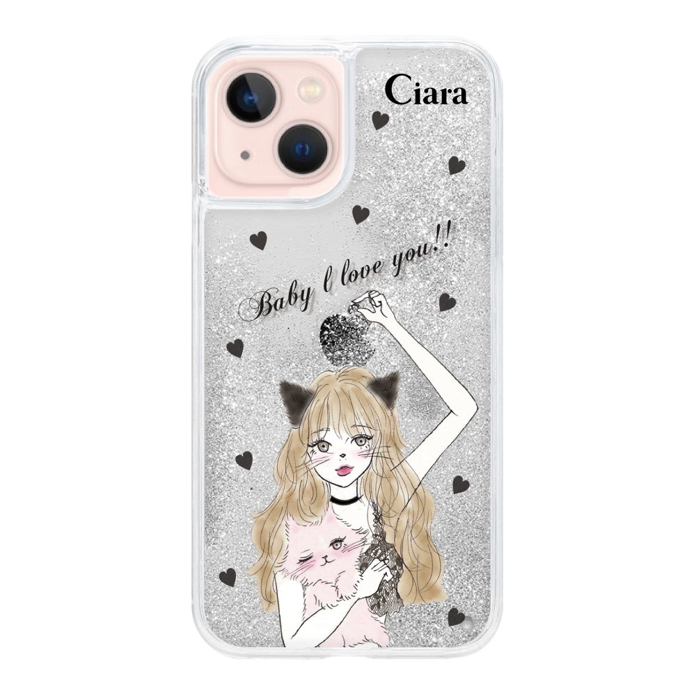 iPhone13 グリッター オイルクリアケース ブラックキャットガール シルバー