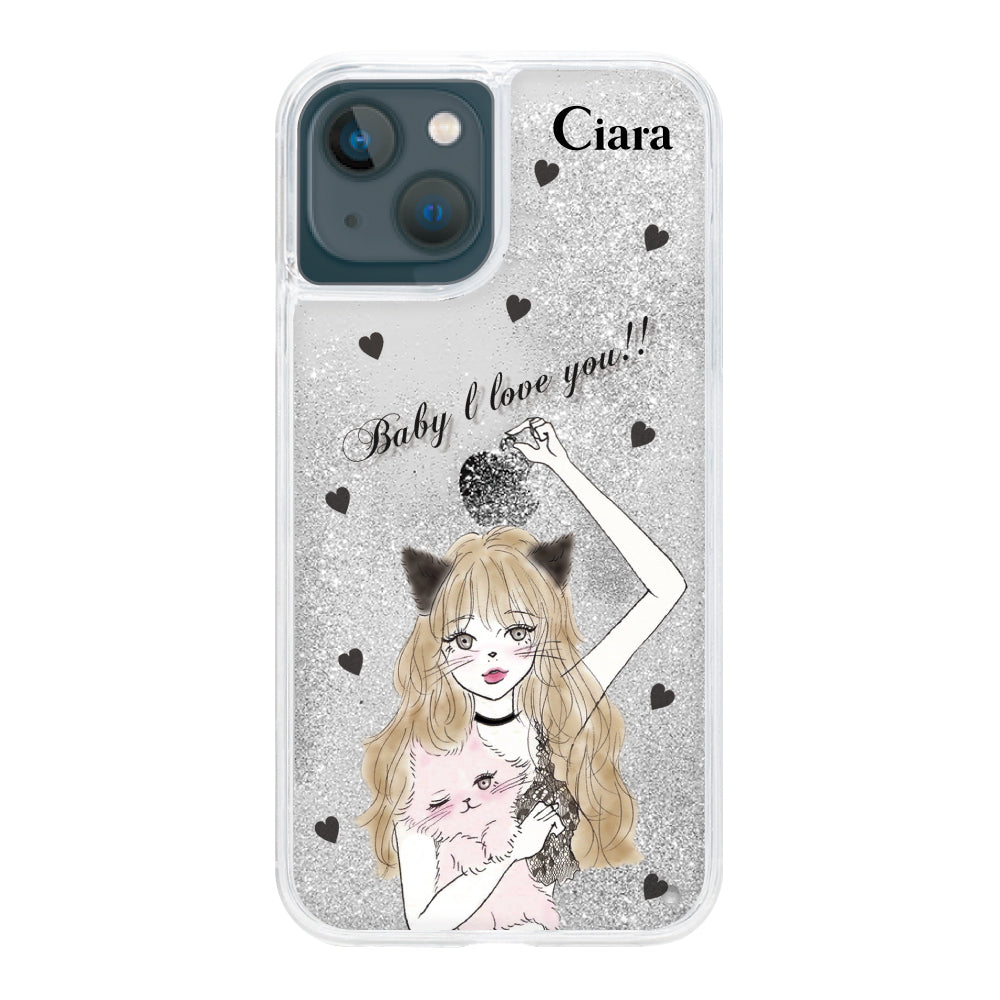 iPhone13mini グリッター オイルクリアケース ブラックキャットガール シルバー