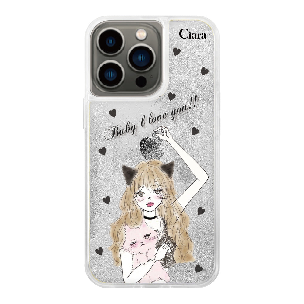 iPhone13Pro グリッター オイルクリアケース ブラックキャットガール シルバー