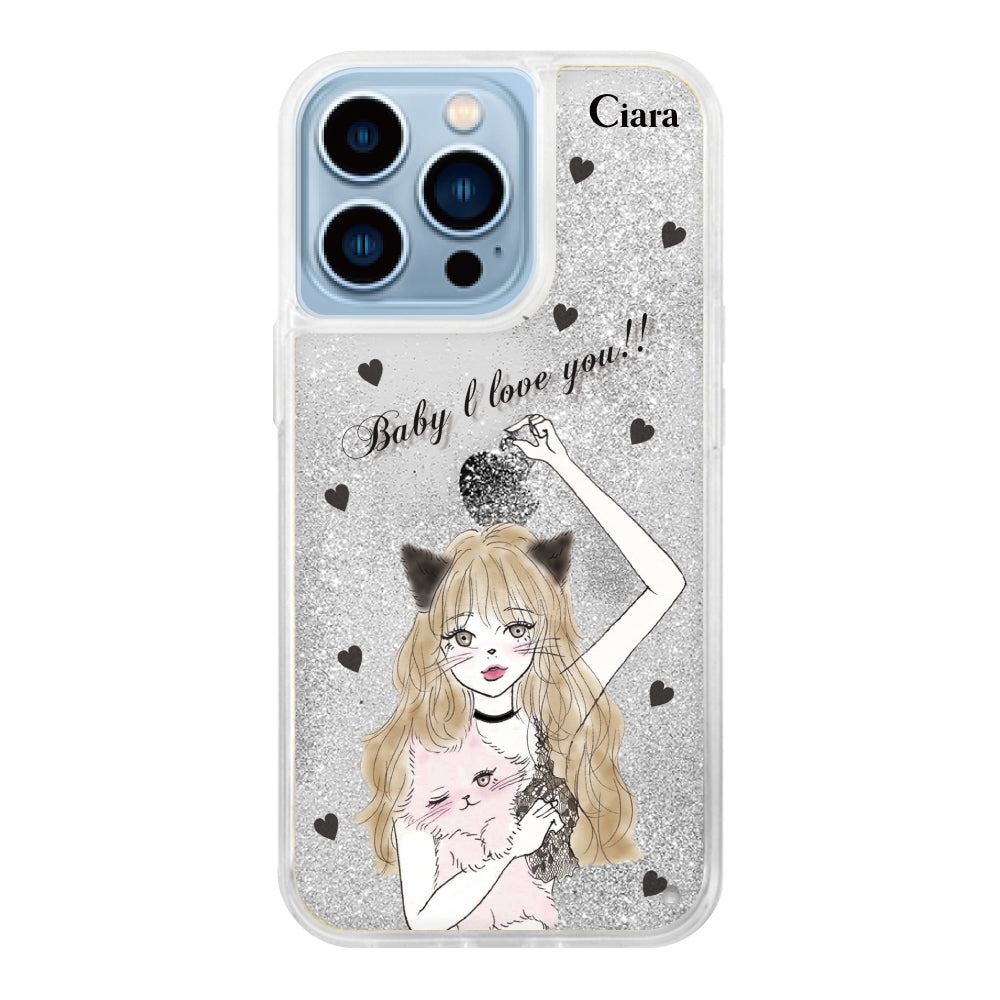 iPhone13ProMax グリッター オイルクリアケース ブラックキャットガール シルバー