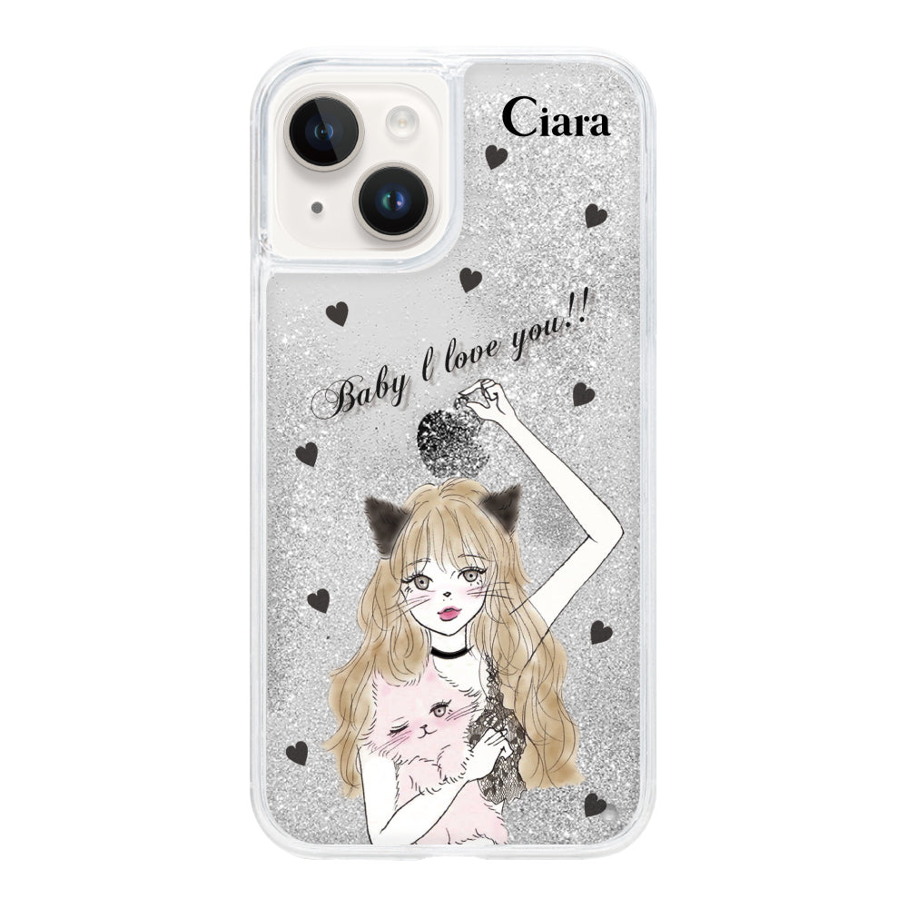 iPhone14 グリッター オイルクリアケース ブラックキャットガール シルバー