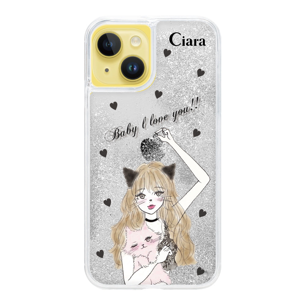 iPhone14Plus グリッター オイルクリアケース ブラックキャットガール シルバー