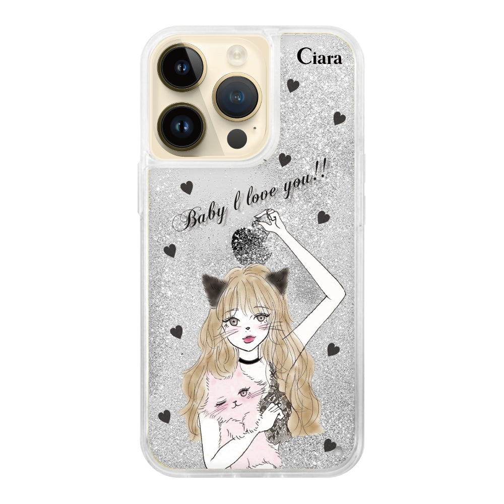 iPhone14Pro グリッター オイルクリアケース ブラックキャットガール シルバー