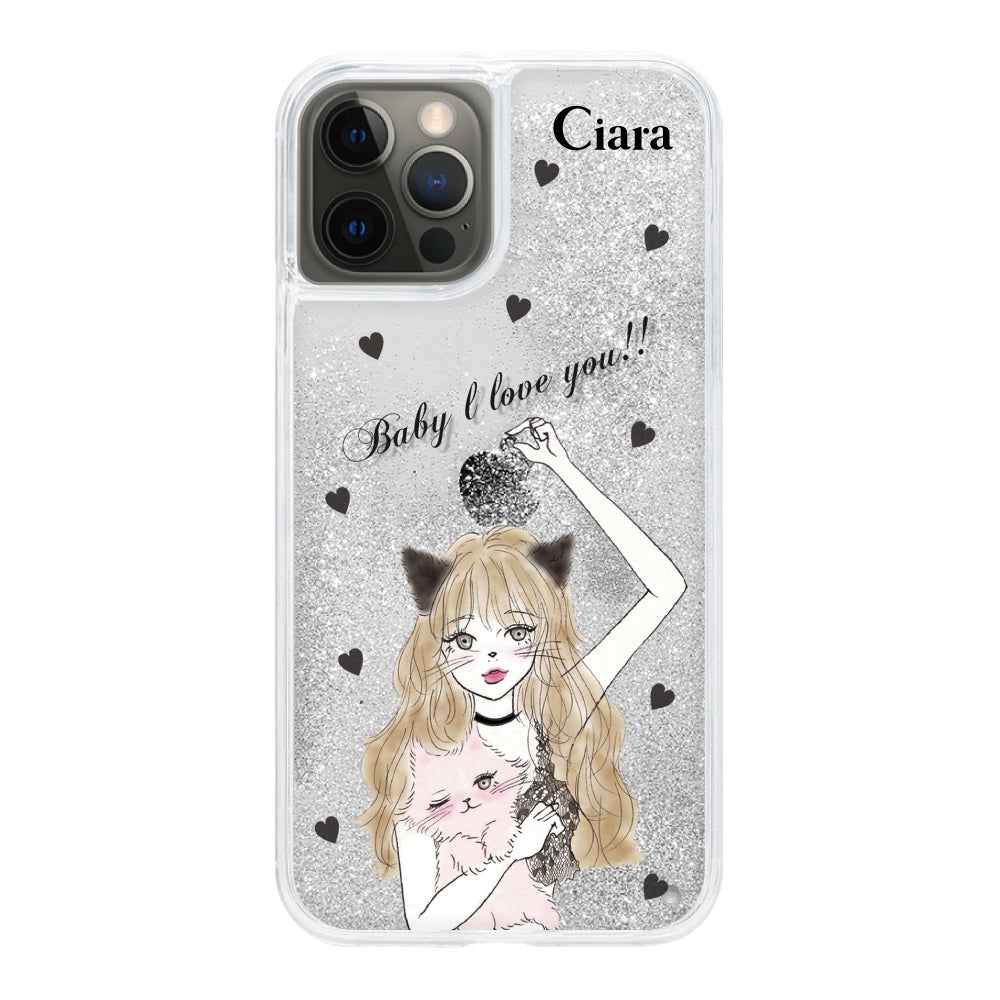 iPhoneX/XS グリッター オイルクリアケース ブラックキャットガール シルバー