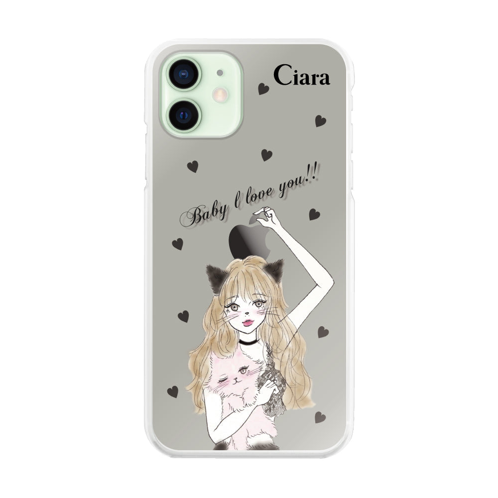 iPhone12mini ハイブリッド クリアケース ブラックキャットガール ブラック