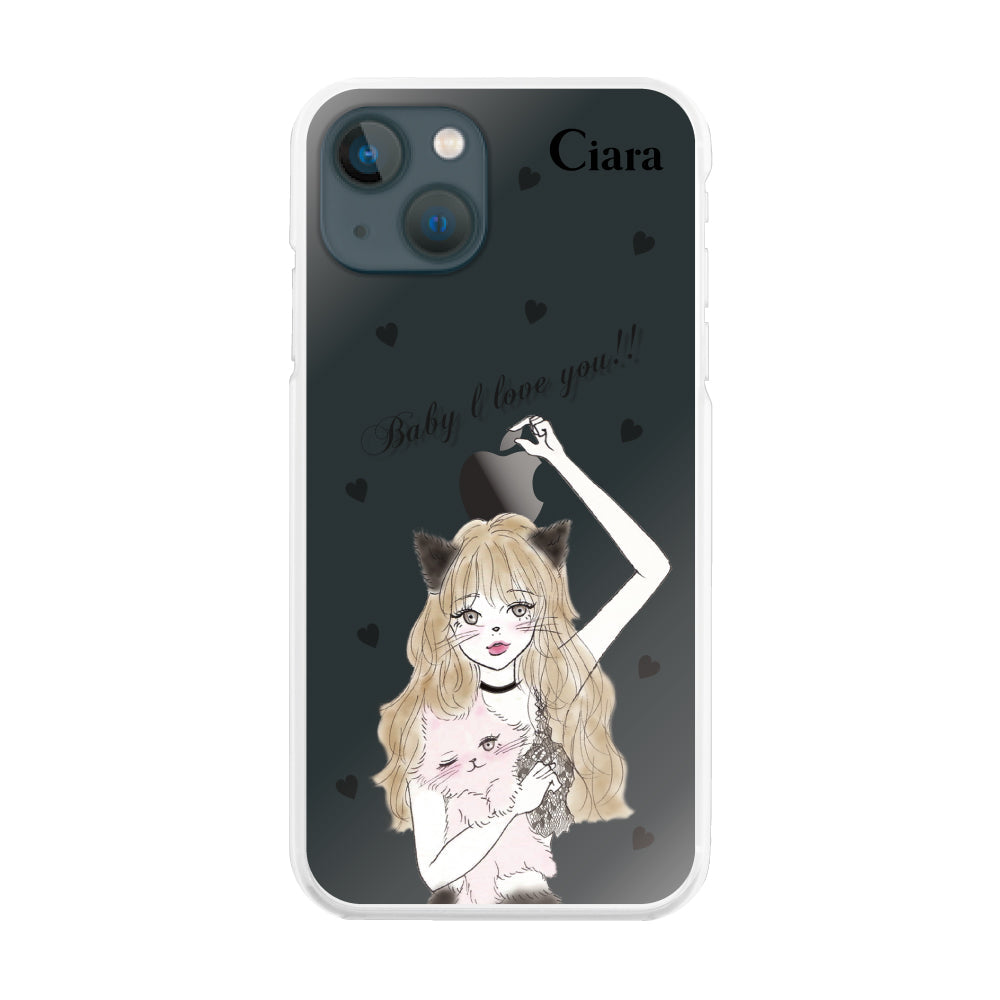 iPhone13mini ハイブリッド クリアケース ブラックキャットガール ブラック