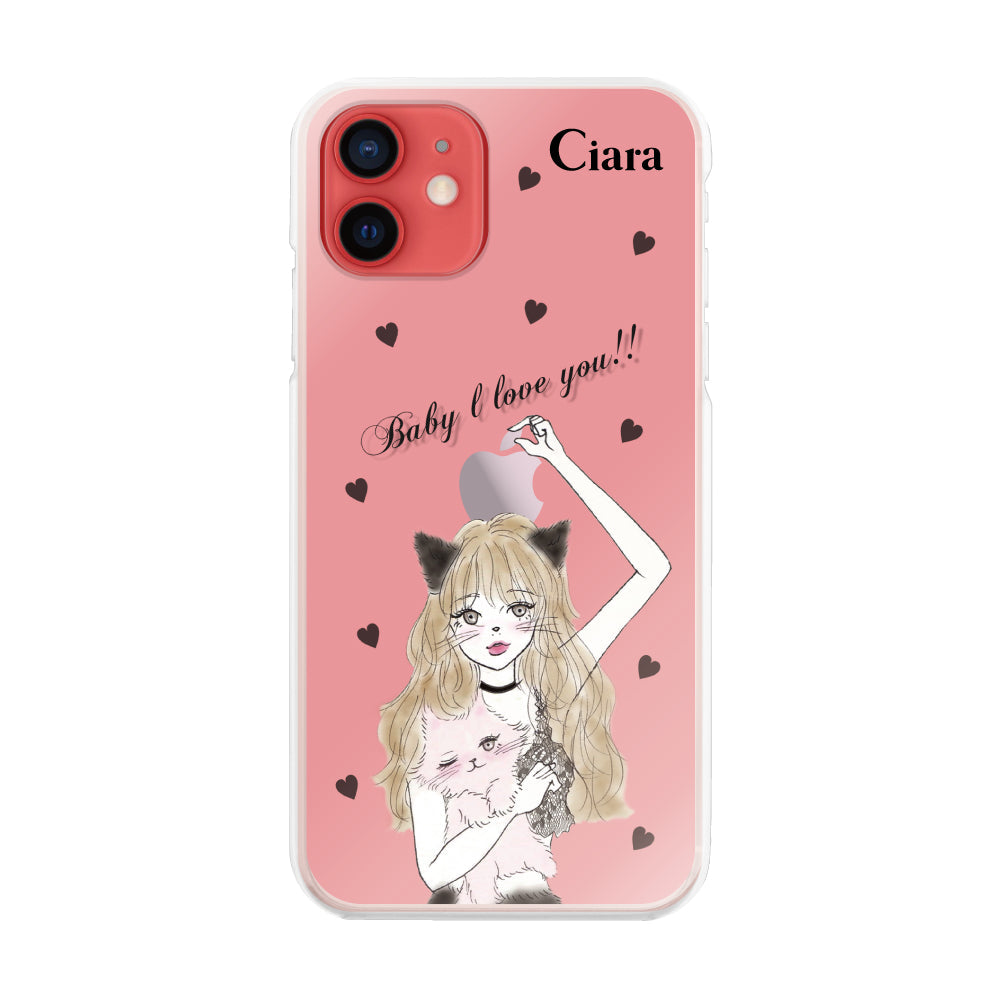 iPhone11 ハイブリッド クリアケース ブラックキャットガール ピンク