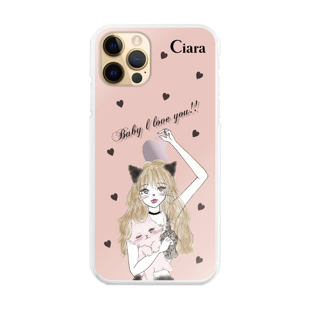 iPhone11ProMax ハイブリッド クリアケース ブラックキャットガール ピンク